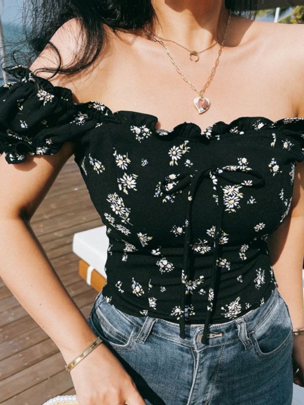 Floral Square-Neck Puff Sleeve Shirt - Retro French Style Short Sleeve Vacation Top for Women - 2025 Spring/Summer Collection