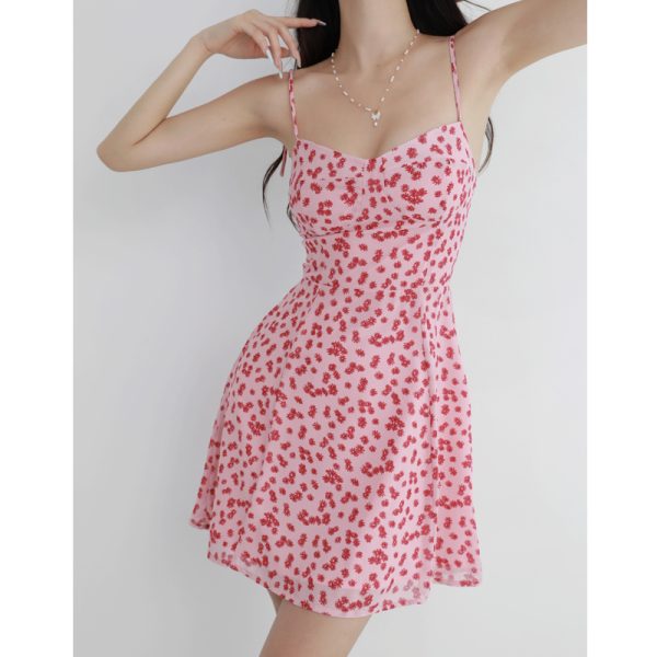 Floral V-Neck Pink Dress - French Style Slim-Fit with Waist-Cinching Wrap, Spaghetti Straps, Short Skirt for Fresh Girl Aesthetic