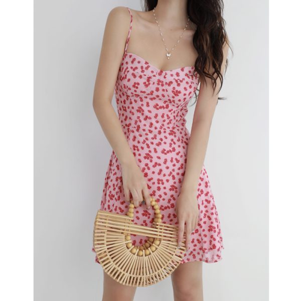 Floral V-Neck Pink Dress - French Style Slim-Fit with Waist-Cinching Wrap, Spaghetti Straps, Short Skirt for Fresh Girl Aesthetic