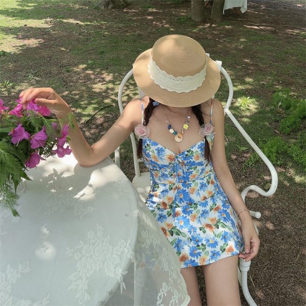 Floral Waist-Cinching Ultra-Slim V-Neck Camisole Dress - Handmade Vacation Style for Women, Perfect for Australian Summer