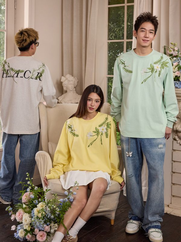 Floral Wreath Embroidered Long Sleeve T-Shirt - Chinese Style Plant Series, Silhouette Design, Perfect for 90s and Y2K Fashion