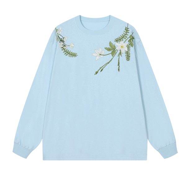 Floral Wreath Embroidered Long Sleeve T-Shirt - Chinese Style Plant Series, Silhouette Design, Perfect for 90s and Y2K Fashion