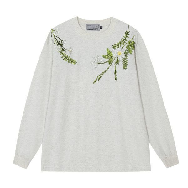 Floral Wreath Embroidered Long Sleeve T-Shirt - Chinese Style Plant Series, Silhouette Design, Perfect for 90s and Y2K Fashion