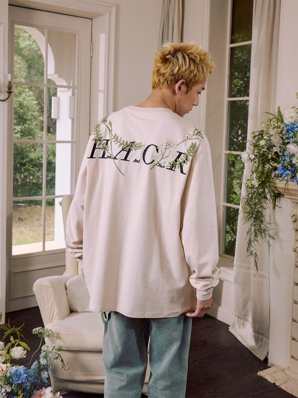 Floral Wreath Embroidered Long Sleeve T-Shirt - Chinese Style Plant Series, Silhouette Design, Perfect for 90s and Y2K Fashion