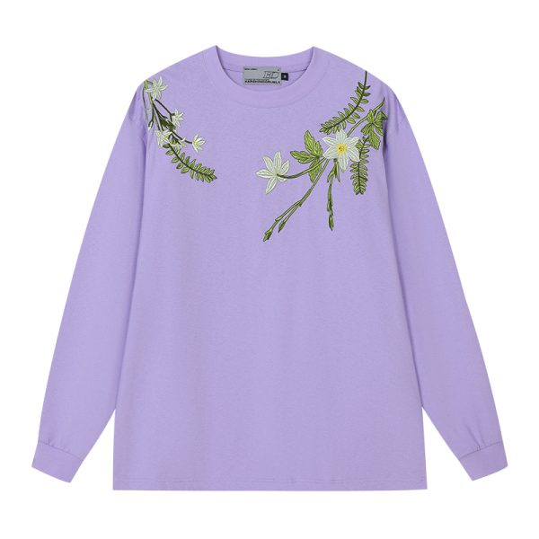 Floral Wreath Embroidered Long Sleeve T-Shirt - Chinese Style Plant Series, Silhouette Design, Perfect for 90s and Y2K Fashion