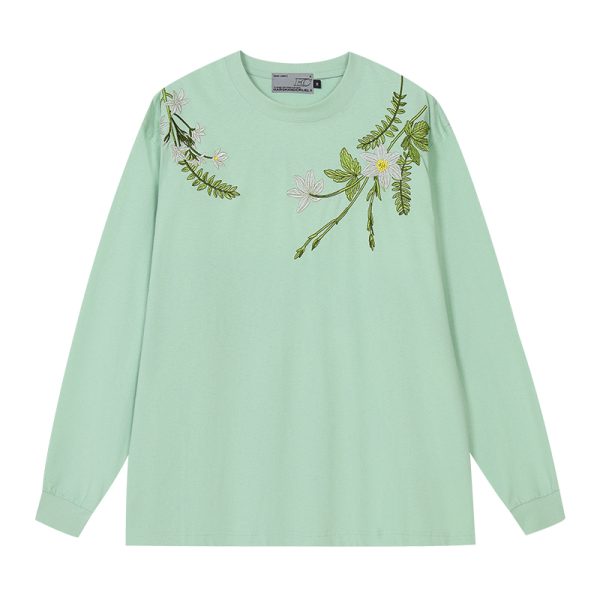 Floral Wreath Embroidered Long Sleeve T-Shirt - Chinese Style Plant Series, Silhouette Design, Perfect for 90s and Y2K Fashion