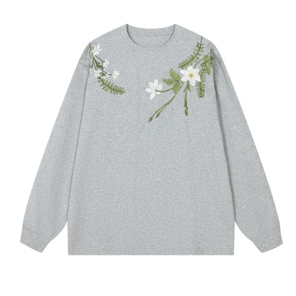 Floral Wreath Embroidered Long Sleeve T-Shirt - Chinese Style Plant Series, Silhouette Design, Perfect for 90s and Y2K Fashion