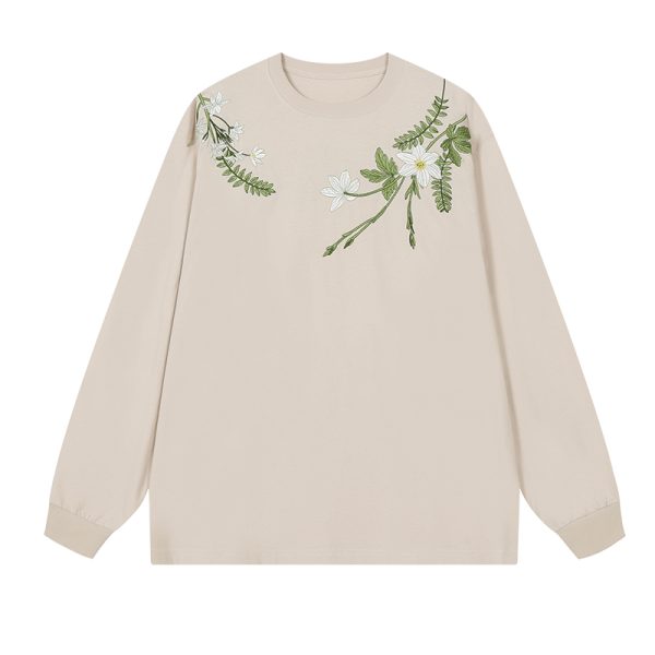 Floral Wreath Embroidered Long Sleeve T-Shirt - Chinese Style Plant Series, Silhouette Design, Perfect for 90s and Y2K Fashion