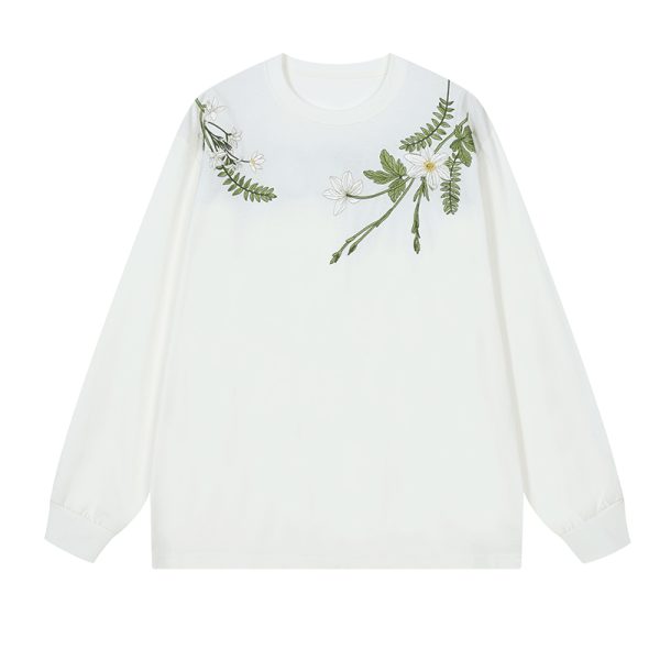 Floral Wreath Embroidered Long Sleeve T-Shirt - Chinese Style Plant Series, Silhouette Design, Perfect for 90s and Y2K Fashion