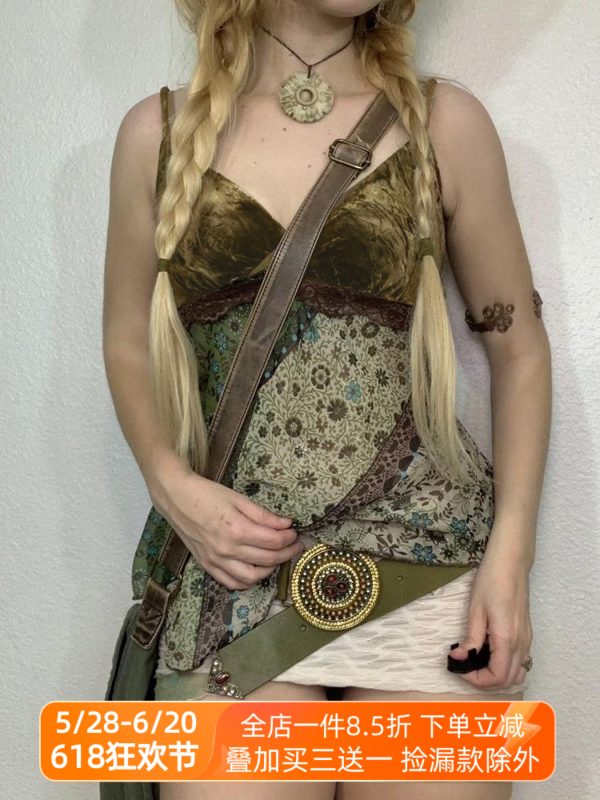 Forest Style Folk Floral Patchwork Spaghetti Strap Women's Asymmetrical Mid-Length Ethnic Vest - Boho Chic 90s Inspired Fashion