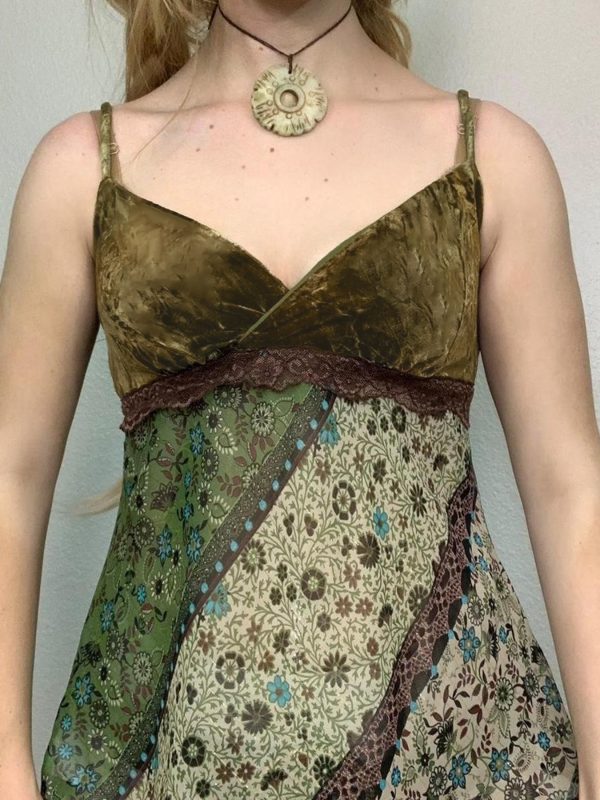 Forest Style Folk Floral Patchwork Spaghetti Strap Women's Asymmetrical Mid-Length Ethnic Vest - Boho Chic 90s Inspired Fashion