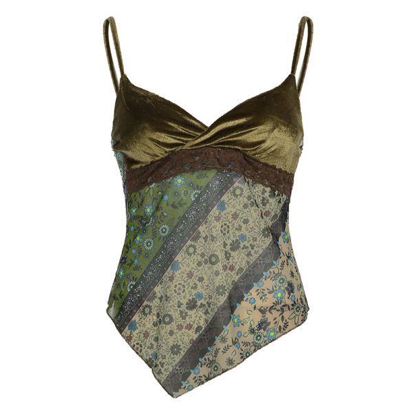 Forest Style Folk Floral Patchwork Spaghetti Strap Women's Asymmetrical Mid-Length Ethnic Vest - Boho Chic 90s Inspired Fashion