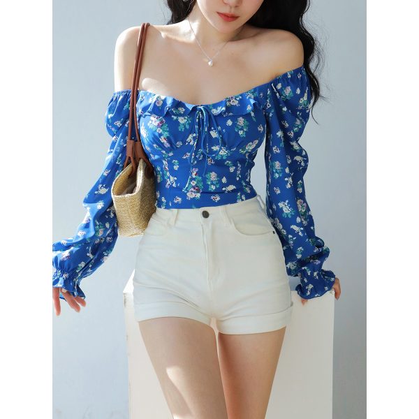 French Blue Floral Square Neck One-Shoulder Puff Sleeve Shirt for Women with Waist-Cinching Design, Long Sleeve Y2K Vacation Top