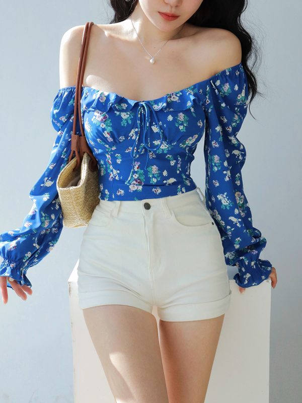 French Blue Floral Square Neck One-Shoulder Puff Sleeve Shirt for Women with Waist-Cinching Design, Long Sleeve Y2K Vacation Top