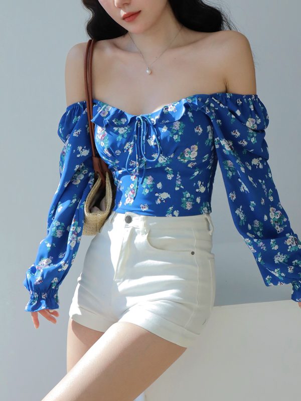 French Blue Floral Square Neck One-Shoulder Puff Sleeve Shirt for Women with Waist-Cinching Design, Long Sleeve Y2K Vacation Top