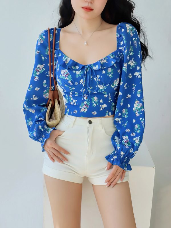 French Blue Floral Square Neck One-Shoulder Puff Sleeve Shirt for Women with Waist-Cinching Design, Long Sleeve Y2K Vacation Top