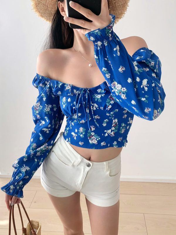 French Blue Floral Square Neck One-Shoulder Puff Sleeve Shirt for Women with Waist-Cinching Design, Long Sleeve Y2K Vacation Top