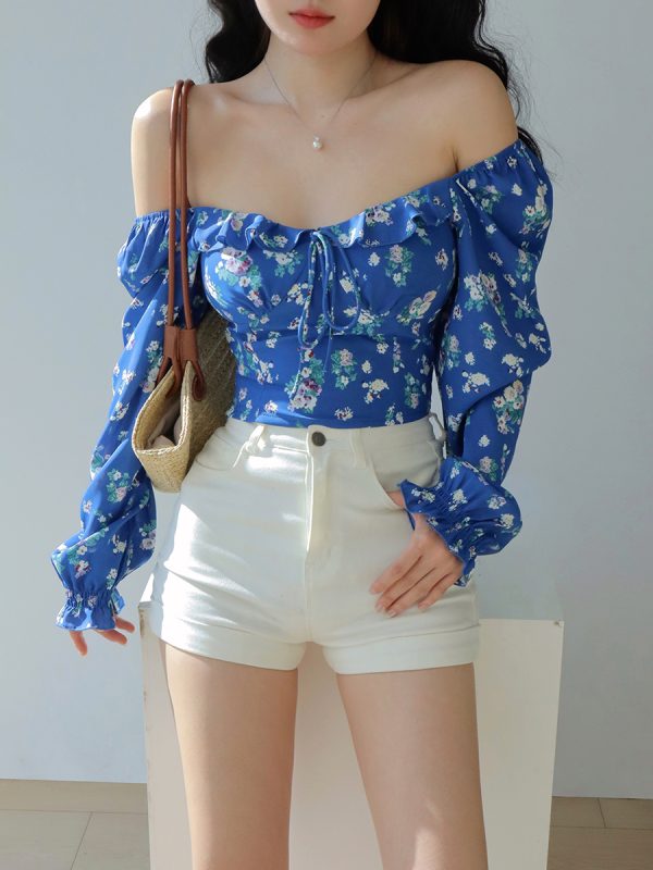 French Blue Floral Square Neck One-Shoulder Puff Sleeve Shirt for Women with Waist-Cinching Design, Long Sleeve Y2K Vacation Top