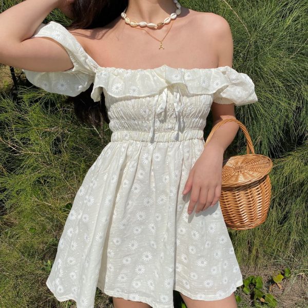 French Bubble Sleeve Off-Shoulder Ruffle Daisy Embroidered Dress with Pleated Skirt - Y2K Fashion, Cute Summer Style