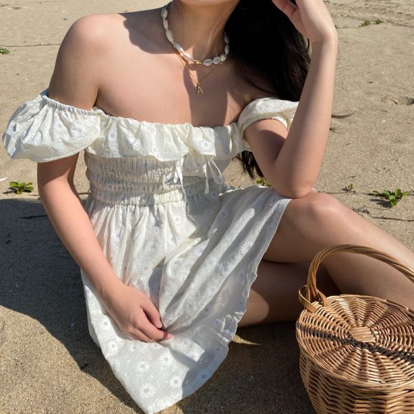 French Bubble Sleeve Off-Shoulder Ruffle Daisy Embroidered Dress with Pleated Skirt - Y2K Fashion, Cute Summer Style