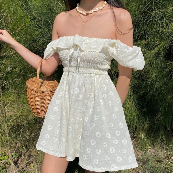 French Bubble Sleeve Off-Shoulder Ruffle Daisy Embroidered Dress with Pleated Skirt - Y2K Fashion, Cute Summer Style