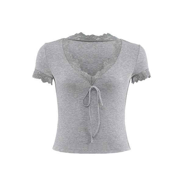 French Lace V-Neck Short Sleeve T-shirt for Women - White Slim Fit Sexy Tie-Up Top, Y2K Style Fashion