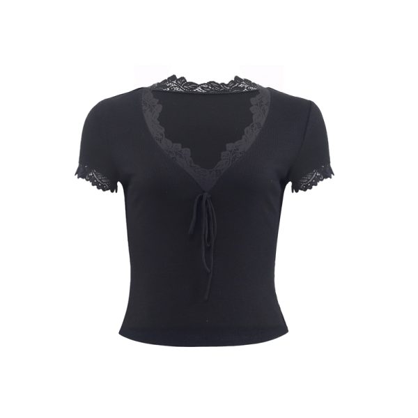French Lace V-Neck Short Sleeve T-shirt for Women - White Slim Fit Sexy Tie-Up Top, Y2K Style Fashion