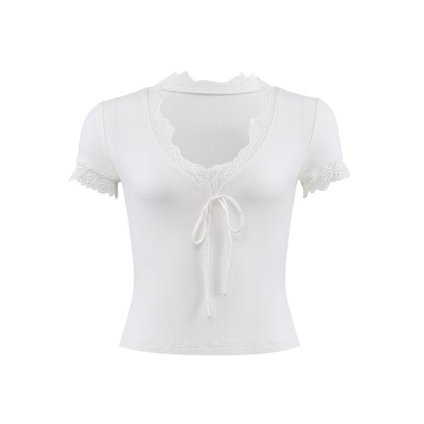 French Lace V-Neck Short Sleeve T-shirt for Women - White Slim Fit Sexy Tie-Up Top, Y2K Style Fashion