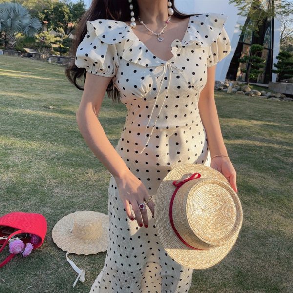 French Polka Dot Ruffled Puff Sleeve Waist-Defined Maxi Dress for Women - 2025 Spring/Summer Vacation Style