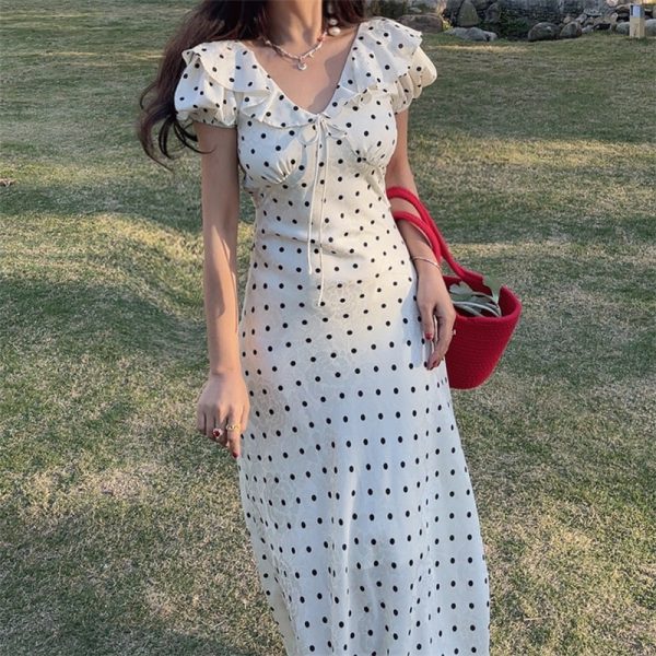 French Polka Dot Ruffled Puff Sleeve Waist-Defined Maxi Dress for Women - 2025 Spring/Summer Vacation Style