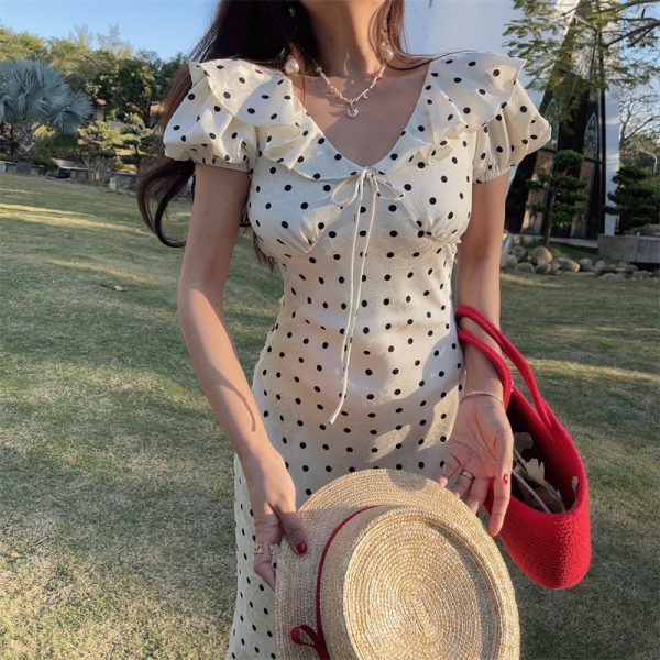 French Polka Dot Ruffled Puff Sleeve Waist-Defined Maxi Dress for Women - 2025 Spring/Summer Vacation Style