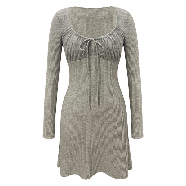French Pure Desire Drawstring Long Sleeve Knit T-Shirt Dress - Trendy Casual Style for Effortless Y2K Fashion