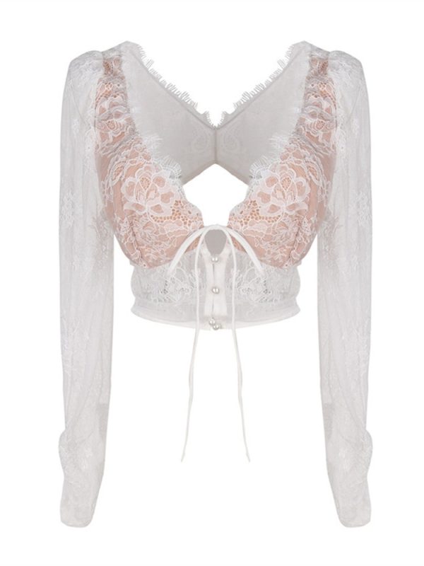 French Retro Deep V-Neck Hollow Back Lace Top - Super Sexy Spring-Summer Vacation Blouse