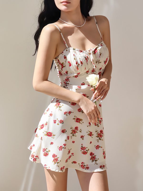 French Retro Floral V-Neck Waist-Tie Sling Dress - Sexy A-Line Mini Skirt for Vacation, 90s Inspired Summer Fashion