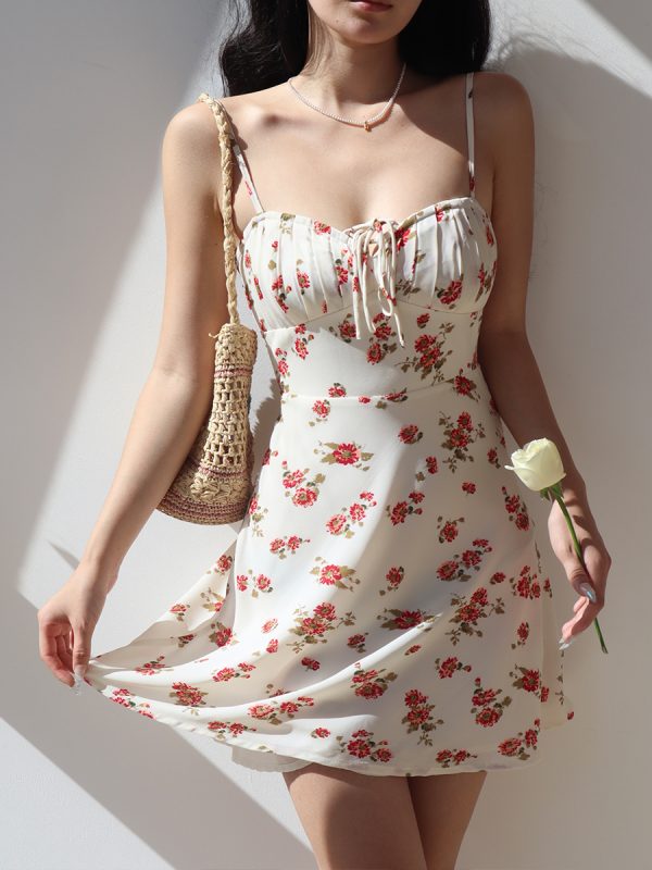 French Retro Floral V-Neck Waist-Tie Sling Dress - Sexy A-Line Mini Skirt for Vacation, 90s Inspired Summer Fashion