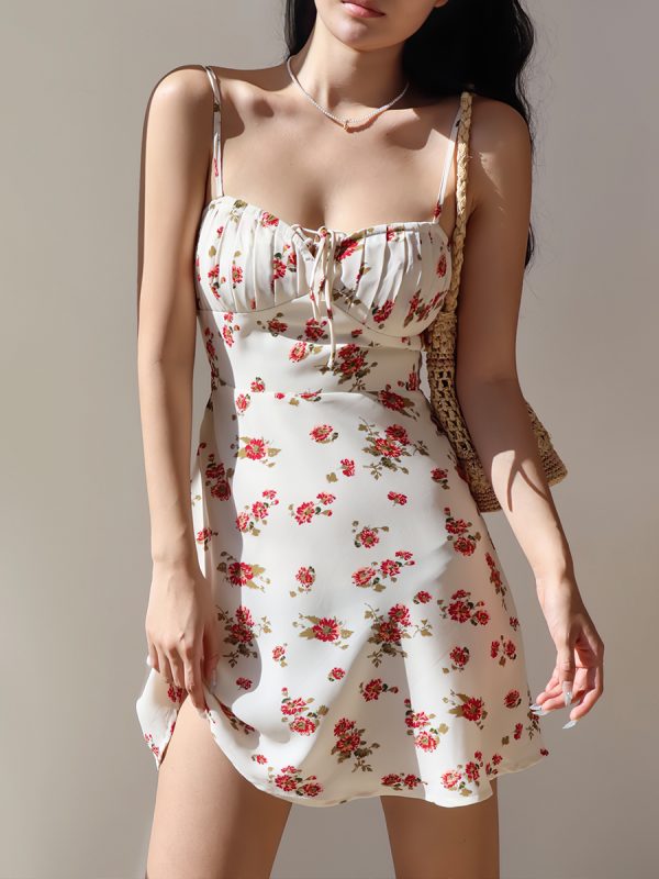 French Retro Floral V-Neck Waist-Tie Sling Dress - Sexy A-Line Mini Skirt for Vacation, 90s Inspired Summer Fashion