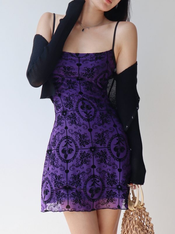 French Retro Girl Purple Printed Elastic Mesh Camisole Mini Dress - Sexy Vacation Style
