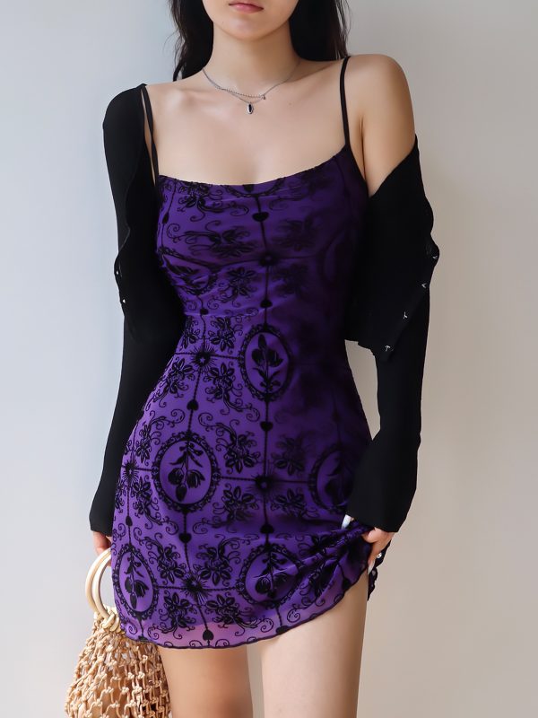 French Retro Girl Purple Printed Elastic Mesh Camisole Mini Dress - Sexy Vacation Style