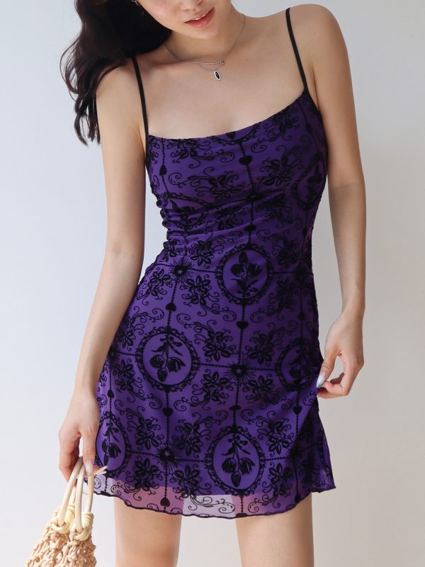 French Retro Girl Purple Printed Elastic Mesh Camisole Mini Dress - Sexy Vacation Style