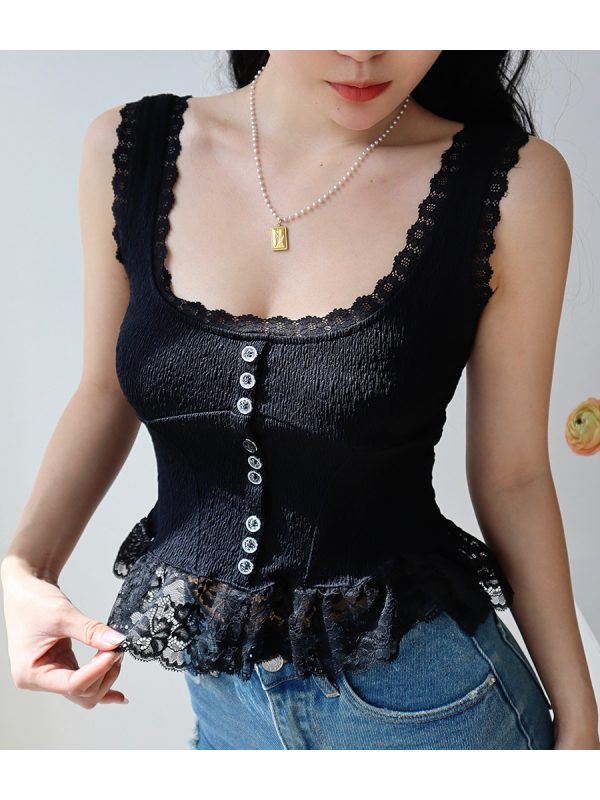 French Retro Lace Trim Waist-Defining Camisole Top for Women - Versatile Vacation Essential in Pure Desire Style