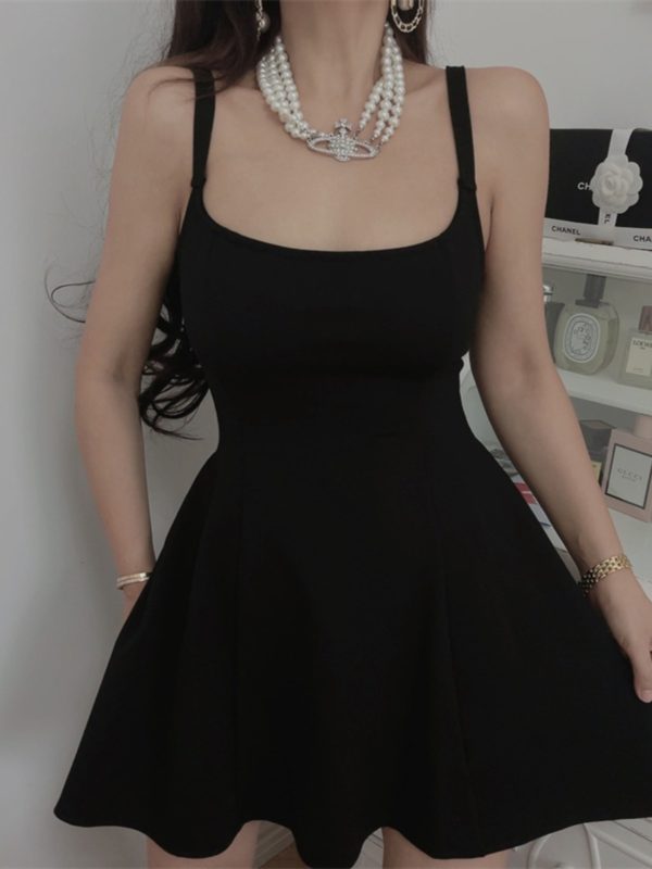 French Retro Square Neck Black Waist-Cinching Camisole Dress for Women - Chenopod Style, Spring/Summer 2025 Vacation Essential