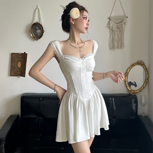 French Romance Lace Strapless A-Line Little White Dress - Ballet Style Slimming Princess Dress for Elegant Occasions
