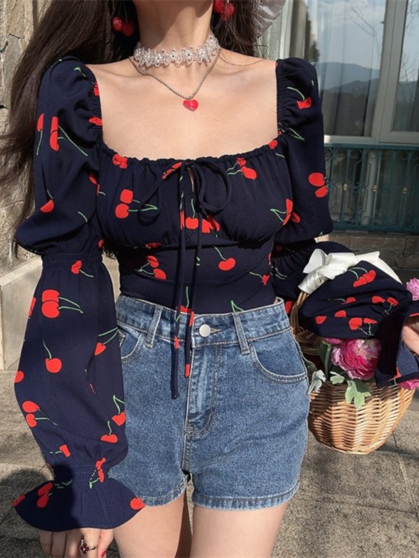French Square Neck Lantern Sleeve Drawstring Waist Vacation Blouse Top - 2025 Fashion Trend for Effortless Style