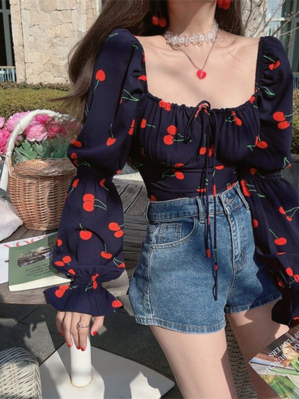 French Square Neck Lantern Sleeve Drawstring Waist Vacation Blouse Top - 2025 Fashion Trend for Effortless Style