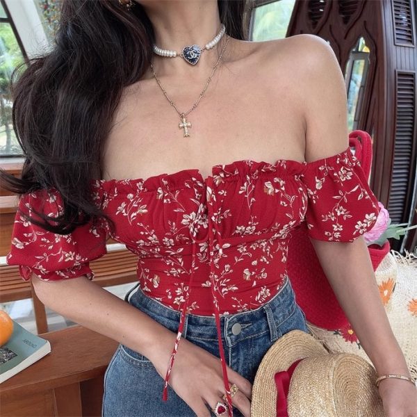 French Square Neck Lantern Sleeve Floral Blouse with Drawstring Waist - 2025 Spring/Summer Vacation Style Top