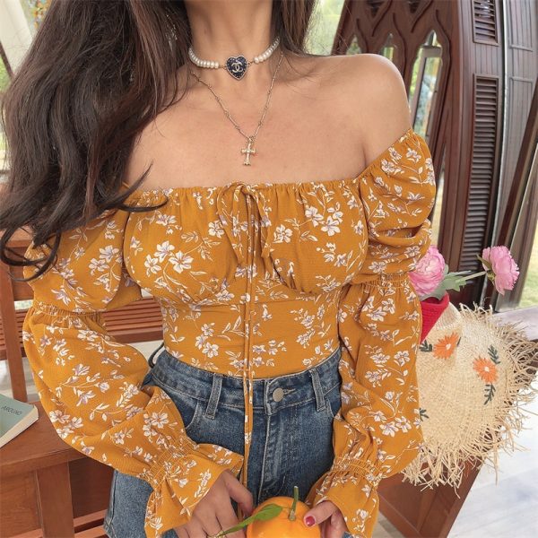 French Square Neck Lantern Sleeve Floral Blouse with Drawstring Waist - 2025 Spring/Summer Vacation Style Top