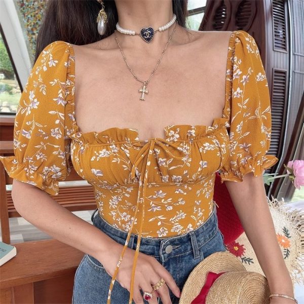 French Square Neck Lantern Sleeve Floral Blouse with Drawstring Waist - 2025 Spring/Summer Vacation Style Top