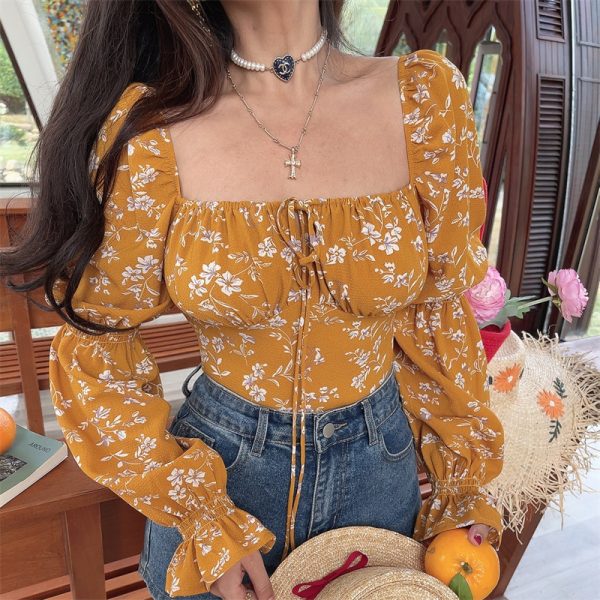French Square Neck Lantern Sleeve Floral Blouse with Drawstring Waist - 2025 Spring/Summer Vacation Style Top