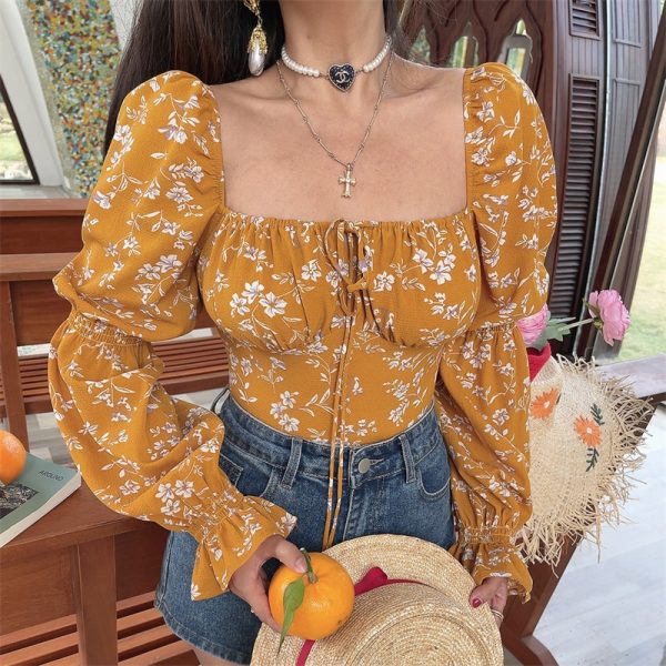French Square Neck Lantern Sleeve Floral Blouse with Drawstring Waist - 2025 Spring/Summer Vacation Style Top