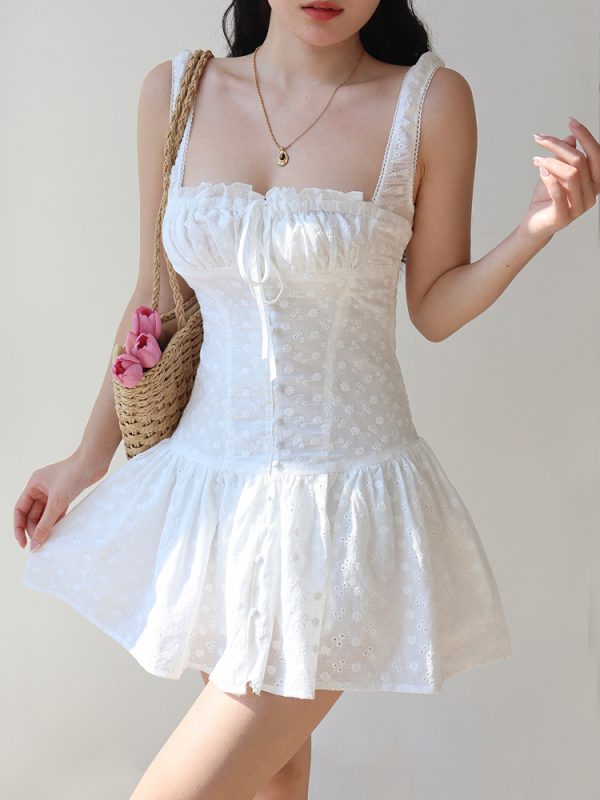 French Square Neck White Hollow Embroidery Dress with Wide Shoulder Straps and Drawstring - Short Vacation Dress for Summer Style